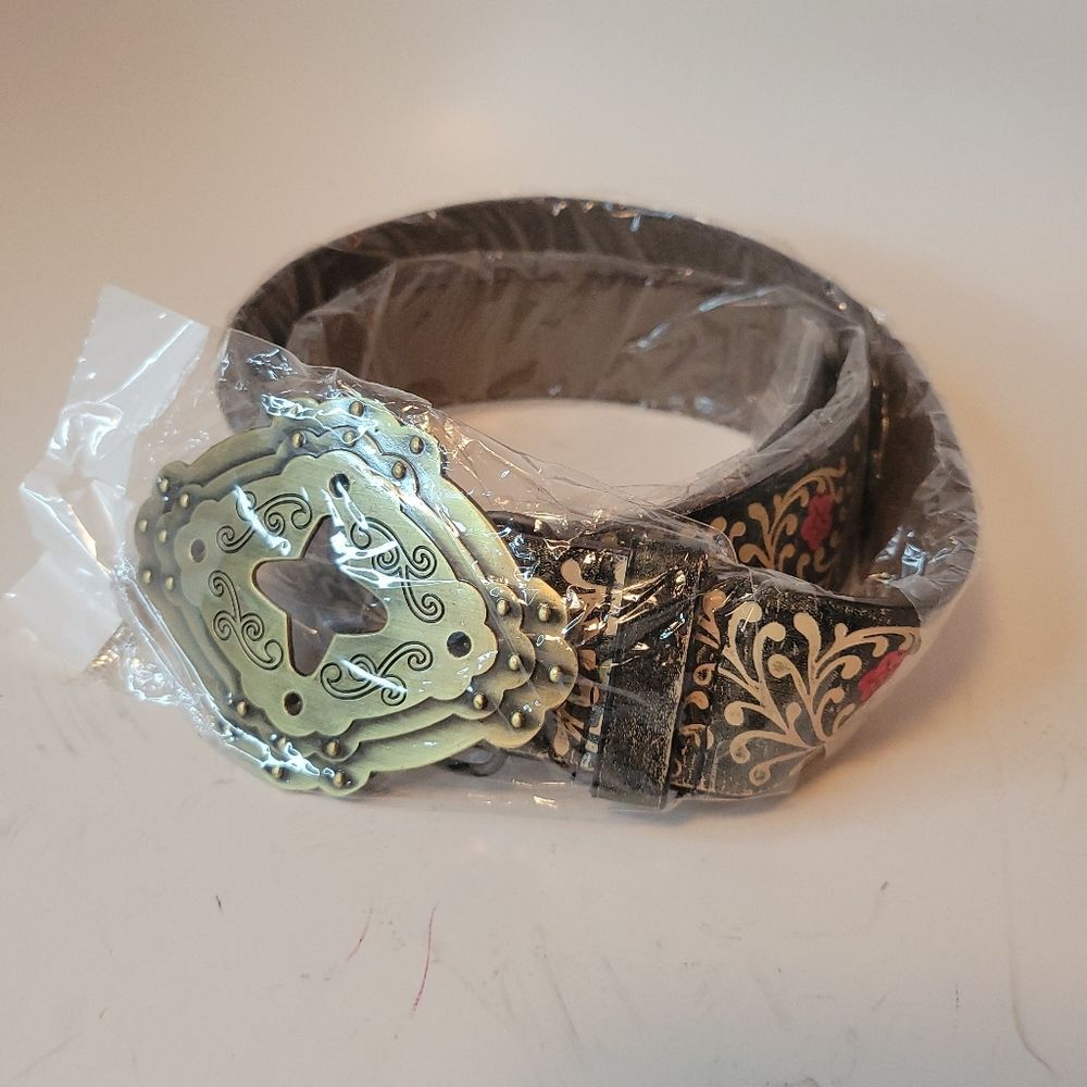 Boho Floral Etched Belt With Ornate Aged Brass Buckle
